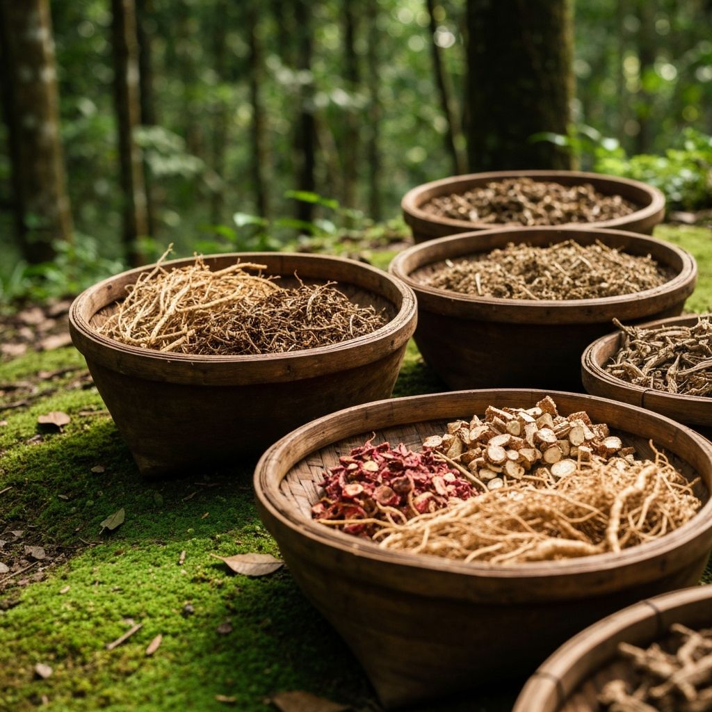 Traditional wooden baskets with herbs